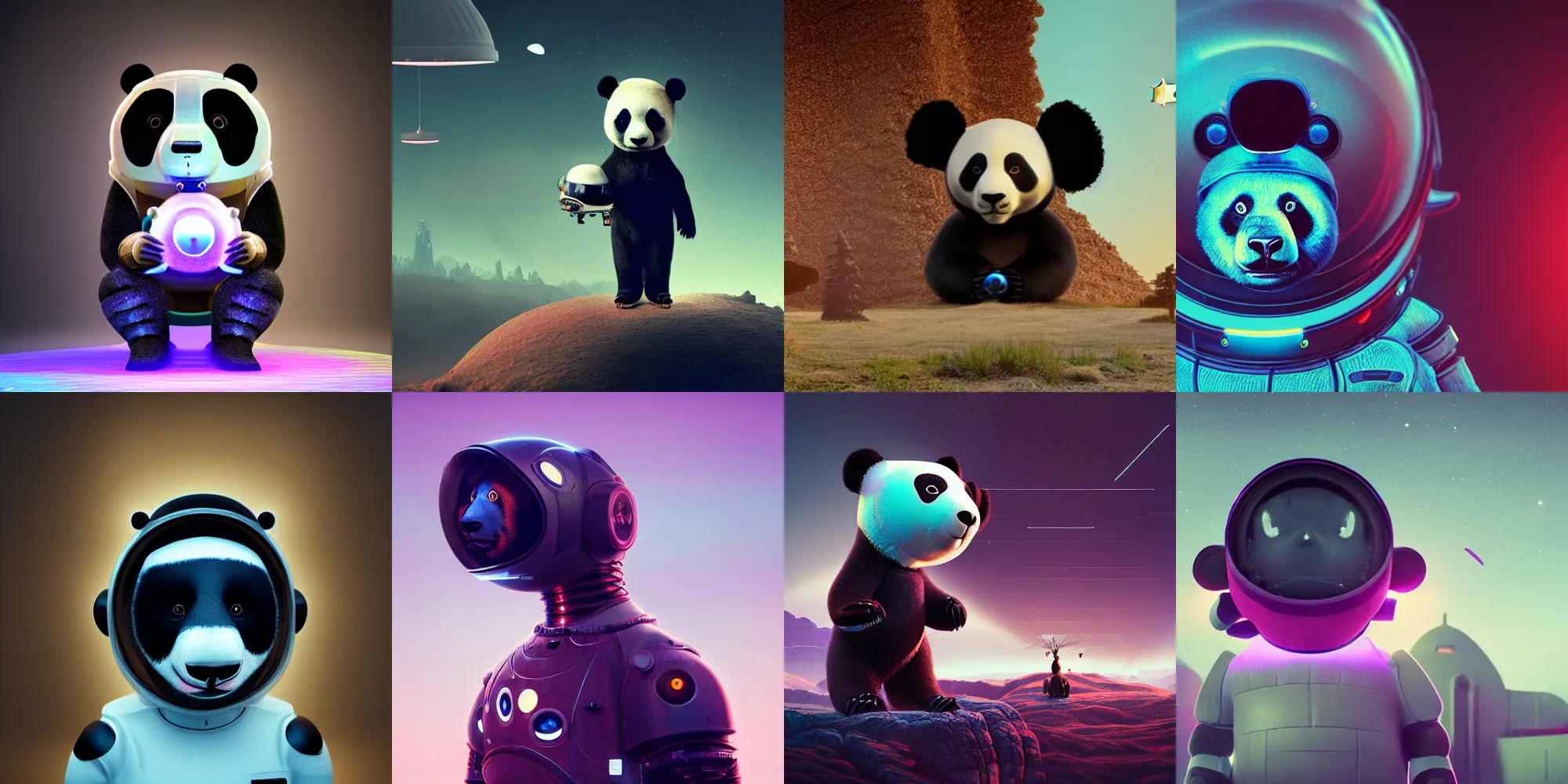 Prompt: beautiful dark landscape, panda bear wearing a space helmet standing looking at a giant cyborg robot panda bear head, in the style of beeple and Mike Winkelmann, photo real, ultra realistic, intricate, epic lighting, 8k resolution, unreal engine 5,