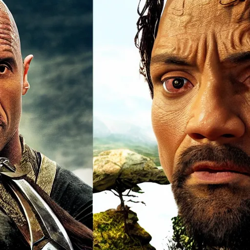 Image similar to the rock as a hobbit from lord of the rings, the rock in lotr, lord of the rings, the rock is short, Dwayne the hobbit johnson, the rock as frodo, 8k, high res, photo realistic