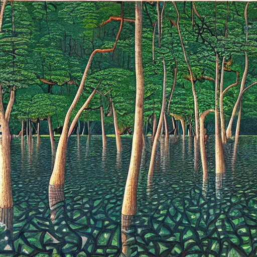 Image similar to escher painting of a lake, big trees reflecting on lake surface, ultra sharp, ultra detailed, colorized by salvador