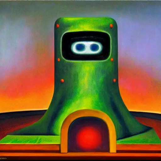 Image similar to alien robot shaman, dystopian, pj crook, edward hopper, oil on canvas