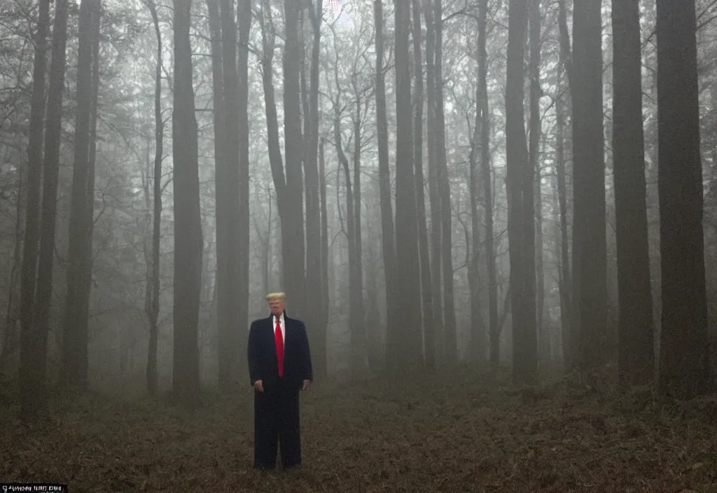 Prompt: low quality iphone photo of donald trump standing ominously deep in the foggy woods with a demonic smile in his face, low visibility creepy