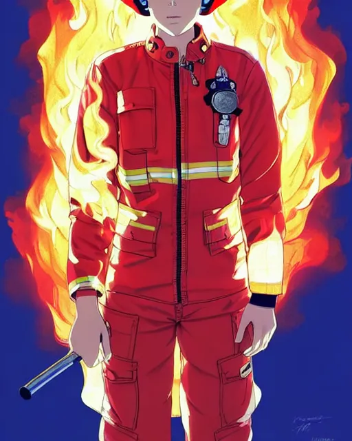 Image similar to fireman, cool pose, fire jacket, helmet, covered in beautiful flames!!! | | very very anime!!!, beautiful fine - face, audrey plaza, realistic shaded perfect face, fine details. anime. realistic shaded lighting poster by ilya kuvshinov katsuhiro otomo ghost - in - the - shell, magali villeneuve, artgerm