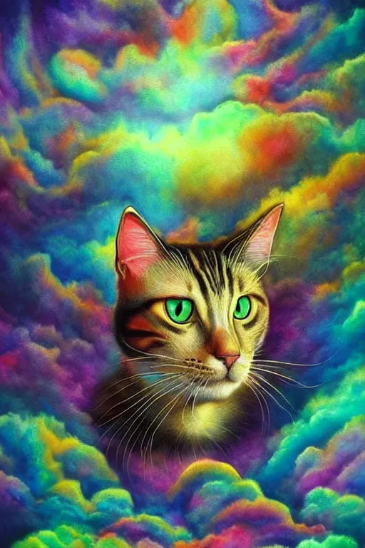Prompt: portrait of an ethereal cat inside a cloud, modern fine art, lithe, dreamscape, intricate, elegant, subsurface scattering, highly detailed, pop art painting, organic acrylic flow art, psychedelic surreal art, acrylic art, watercolor, featured on deviantart, cgsociety