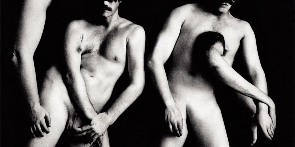 Image similar to full body portrait of a man being overcome by love insane quality highly detailed sharp zeiss lens high contrast chiaroscuro detailed by gottfried helnwein ryan mcginley robert mapplethorpe david armstrong alexander mcqueen tom of finland