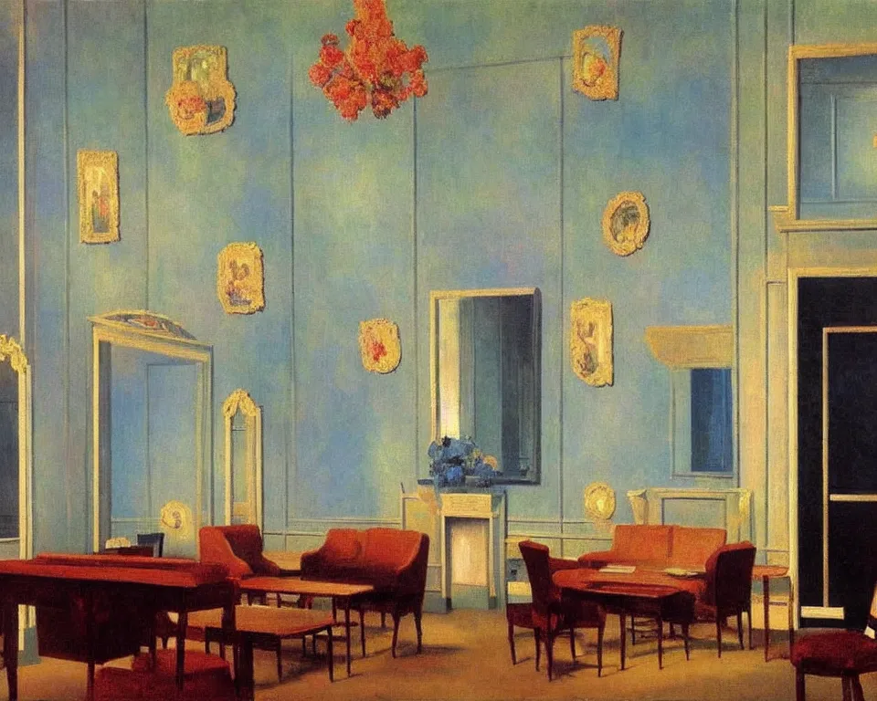 Image similar to achingly beautiful painting of a sophisticated, well - decorated, modern parlor by rene magritte, monet, and turner.