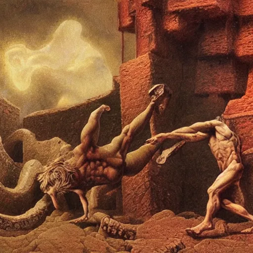 Prompt: theseus and minotaur, fighting in the labyrinth, extra detailed, photorealistic, oil painting by beksinski and dore