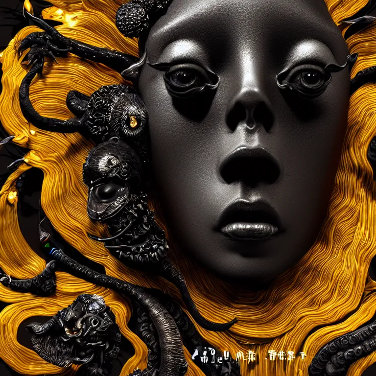 Image similar to black background. goddess princess face close-up portrait ram skull. sculpture made of gold and black charcoal. jellyfish phoenix head, nautilus, orchid, skull, betta fish, bioluminiscent creatures, intricate artwork by Tooth Wu and wlop and beeple. octane render, trending on artstation, greg rutkowski very coherent symmetrical artwork. cinematic, hyper realism, high detail, octane render, 8k