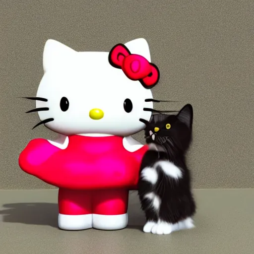 Prompt: Hello Kitty petting a real cat, 3D render, high detail