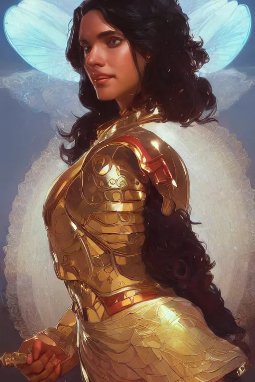 Prompt: portrait of Holy Superwoman, D&D, fantasy, highly detailed, digital painting, artstation, smooth, sharp focus, illustration, art by artgerm and greg rutkowski and alphonse mucha