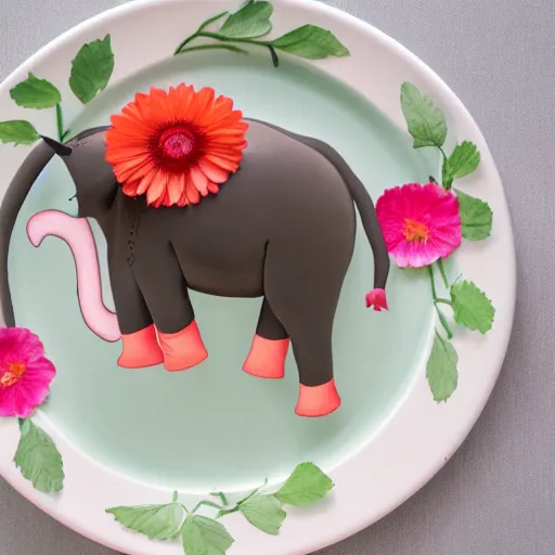 Image similar to a flat elefant on a plate with flowers on top