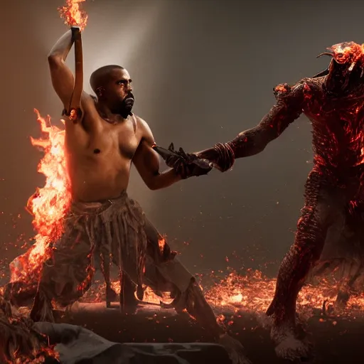 Prompt: kanye west fighting against demons with his golden sword in hell , 8k, hyper realistic, insanely detailed, legendary scene, octane render