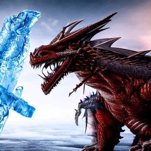 Image similar to a dragon shooting ice out of its breathe, cinematic shot, 8 k, digital art, hd, exquisite detail, horror