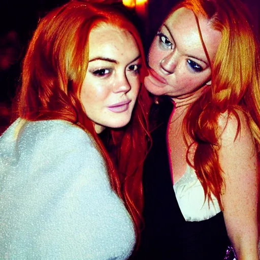 Image similar to Selfie photograph of Lindsay Lohan and Lindsay Lohan, golden hour, 8k,