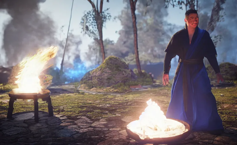 Image similar to male mage, black robe, blue fire circle in the background, war, unreal engine, ray tracing, 8k, realistic, universe