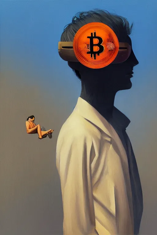 Image similar to sathoshi nakamoto wearing oculus and bitcoin over his head edward hopper and james gilleard, zdzislaw beksisnski, higly detailed