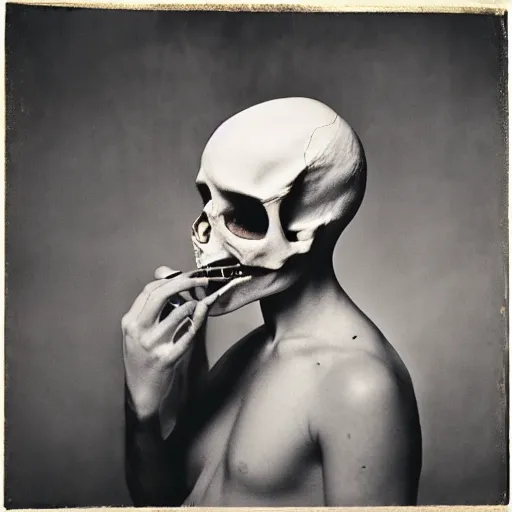 Image similar to teenage boy with skull mask smoking by sally mann