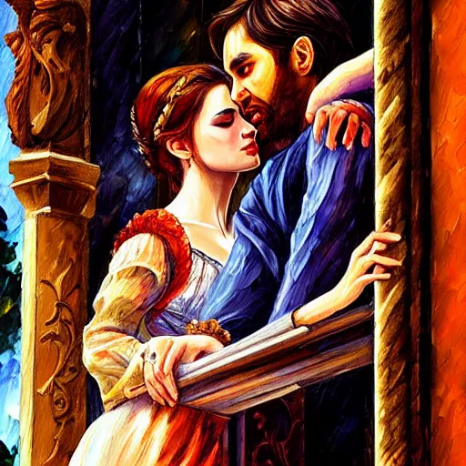 Prompt: highly detailed painting of shakespeare's romeo and juliet, balcony scene. intricate, high quality oil painting artstyle, in the style of leonid afremov, deviantart, figurative art, deviantart, ilya kuvshinov, lovecraftian, very detailed face, portrait