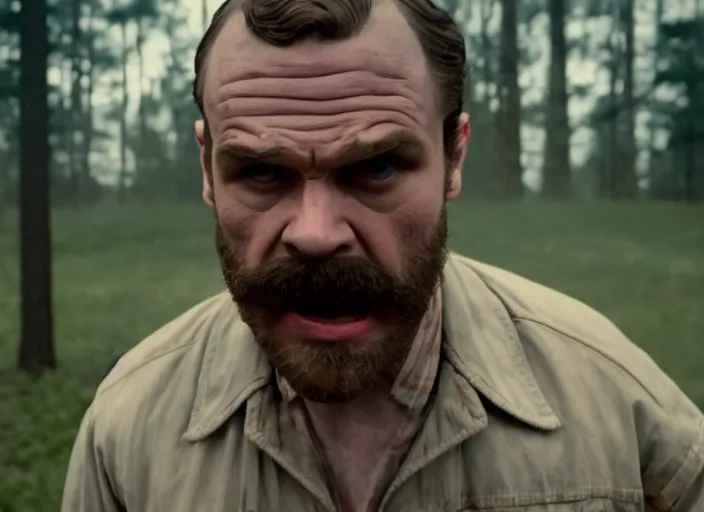 Prompt: film still of!!!!! frank farmer!!!!! as jim hopper in the upside down in stranger things, 4 k