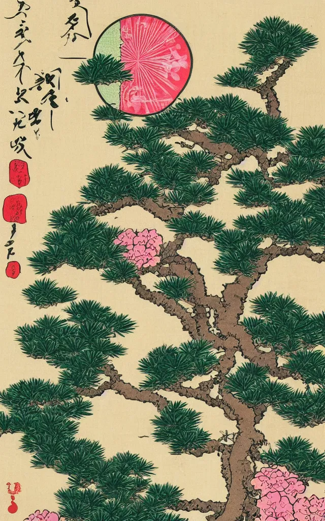 an ukiyo-e banner depicting a bonsai tree inside a | Stable Diffusion