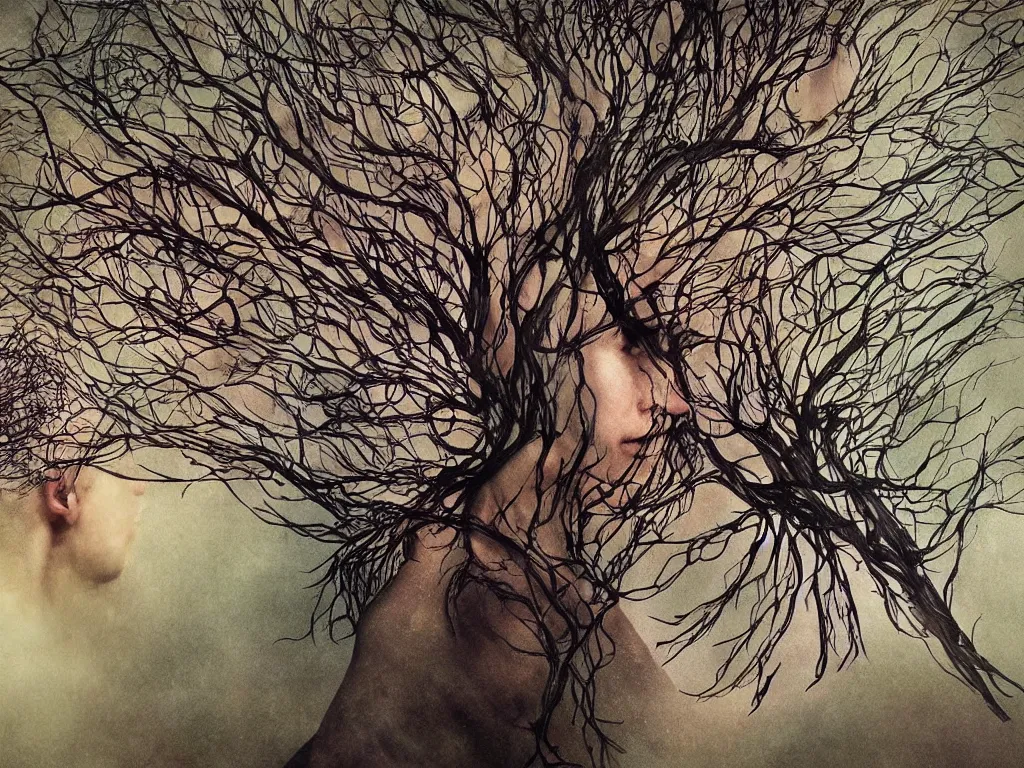 Prompt: a artistic multicalors zoom out picture with singular human -tree with crown like mycelium branches highly detailed by Adam Martinakis, by Agnes Cecile and by Agnes Lawrence Pelton