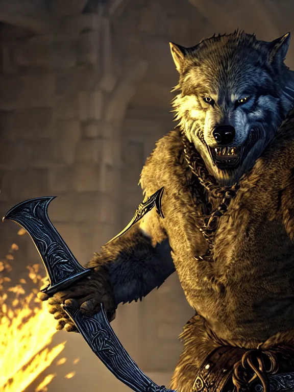 Prompt: cute handsome cuddly burly surly relaxed calm timid werewolf from van helsing holding a sword unreal engine hyperreallistic render 8k character concept art masterpiece screenshot from the video game the Elder Scrolls V: Skyrim deep vibrant gold