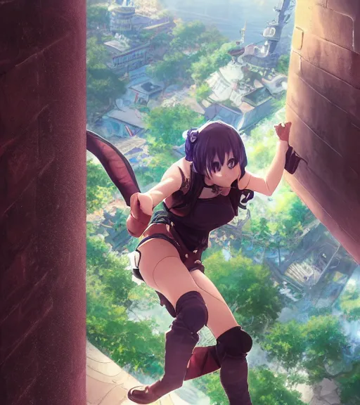 Image similar to anime waifu girl climbing a wall highly detailed, trending on Artstation, Unreal Engine 4k, cinematic wallpaper by Stanley Artgerm Lau, WLOP, Rossdraws, James Jean, Andrei Riabovitchev, Marc Simonetti, and Sakimichan