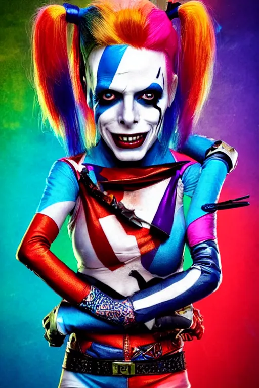 Image similar to portrait of david bowie as a harley quinn in suicide squad. intricate abstract. intricate artwork. by tooth wu, wlop, beeple, dan mumford. octane render, trending on artstation, greg rutkowski very coherent symmetrical artwork. cinematic, hyper realism, high detail, octane render, 8 k, iridescent accents