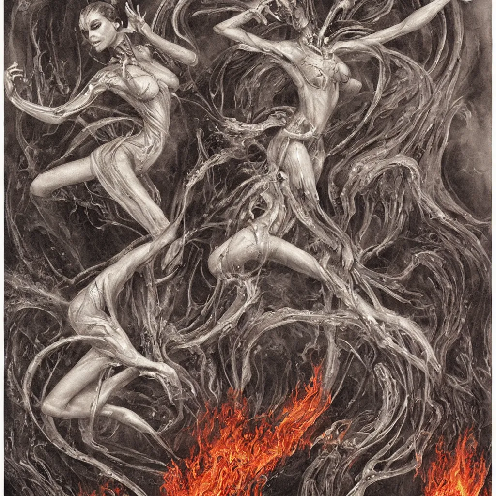 Image similar to a graceful detailed demon ballerina leaving a trail of smoke in a pool of lava by h. r. giger