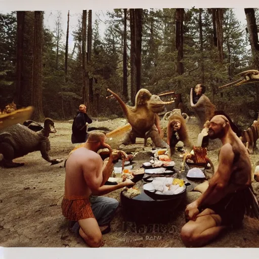 Prompt: kodak 2 0 mm, photo, neanderthal people eating sushi, surrounded by dinosaurs!, gigantic forest trees, sitting on rocks, bonfire, close up camera on bonfire level