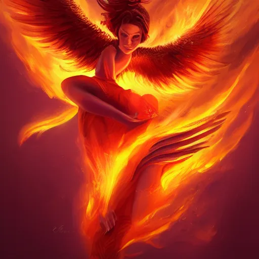 Image similar to detailed portrait of a fiery phoenix woman rising from fire spreading her wings with fiery marks all across her body, magically, magic, fire, realism, ruby, sunlit, dark fantasy, dramatic lighting, cgsociety, artstation