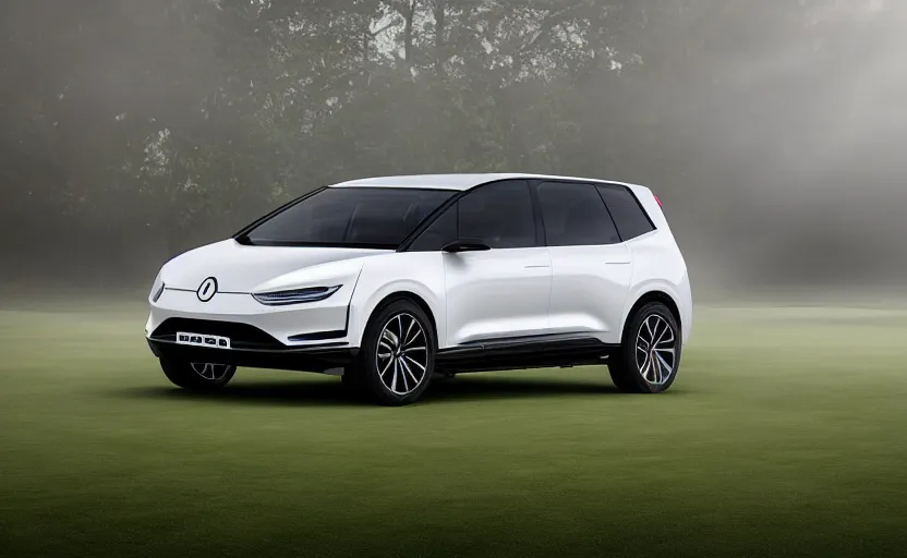 Image similar to the electric suv honma will release soon, outdoor product photography on a golf course, fog, very besautiful ambient light, sun rays behind the lake