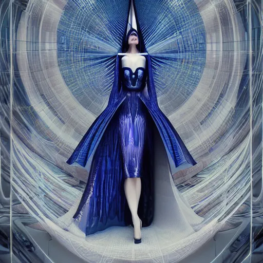 Image similar to a beautiful arabian woman wearing a futuristic dress by alexander mcqueen, thom browne, karol bak, ayami kojima, artgerm, arabian beauty, blue eyes, smile, futuristic, organic dress, pattern, concept art, fantasy