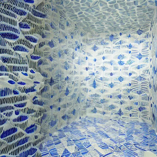 Image similar to photo of a bizarre oddly-shaped interior covered by ceramic white tiles with shallow water everywhere