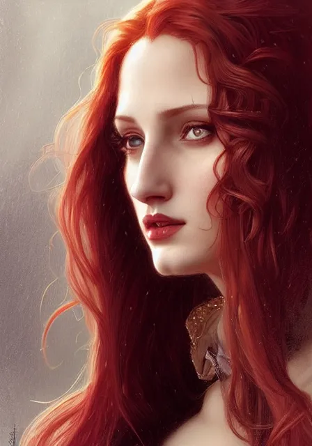 Image similar to sansa angeline jolie gessica chastain vampire, intricate, elegant, highly detailed, digital painting, artstation, concept art, smooth, sharp focus, illustration, art by artgerm and greg rutkowski and alphonse mucha and william - adolphe bouguereau