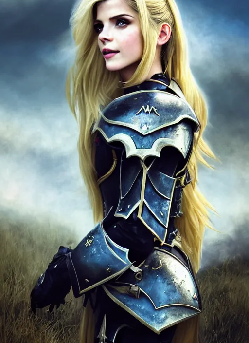 Prompt: portrait of a combination of Ashley Greene, Katheryn Winnick, Victoria Justice and Adriana Dxim, Grace Kelly, Emma Watson and Lily Collins with blonde hair wearing Paladin Armor from World of Warcraft, countryside, calm, fantasy character portrait, dynamic pose, above view, sunny day, thunder clouds in the sky, artwork by Jeremy Lipkin and Giuseppe Dangelico Pino and Michael Garmash and Rob Rey and Greg Manchess and Huang Guangjian, very coherent asymmetrical artwork, sharp edges, perfect face, simple form, 100mm
