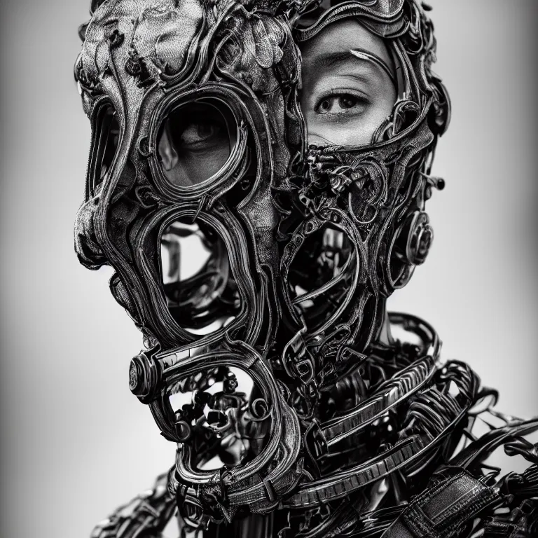 Image similar to bw studio portrait of beautiful man wearing exoskeleton ribbed mechanical mask, dream - like atmosphere, wastelands, baroque painting, beautiful intricate insanely detailed octane render, artstation, 8 k artistic photography, photorealistic, volumetric perfect light, harsh flash, chiaroscuro, beeple, annie liebovitz, raphael, caravaggio, rutkowski