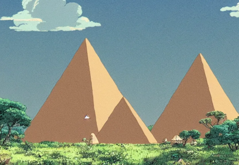 Image similar to a movie still from a studio ghibli film showing several large white pyramids and a golden ufo in the amazon jungle. very muted colors