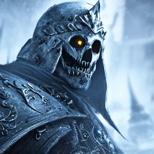 Image similar to The lich king, Artstation HQ, photorealistic, hiperrealistic, sharp focus, 4k UHD, Unreal Engine 5, cinematic shot, cinematic lightning, dark tones, high contrast, intricate, masterpiece