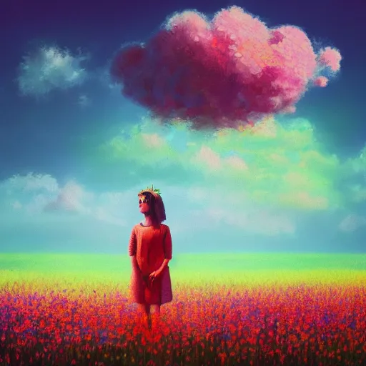 Prompt: large flower head, girl standing in a flower field, surreal photography, sunrise dramatic light, impressionist painting, colorful clouds, digital painting, pointillism, artstation, simon stalenhag
