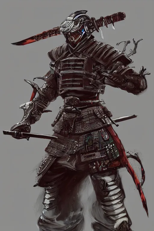 Image similar to an epic concept art of a samurai by the artist Arthur Gimaldinov Rendering a cyberpunk samurai, full of details, by Evan Lee and Jason Nguyen , art book, trending on artstation