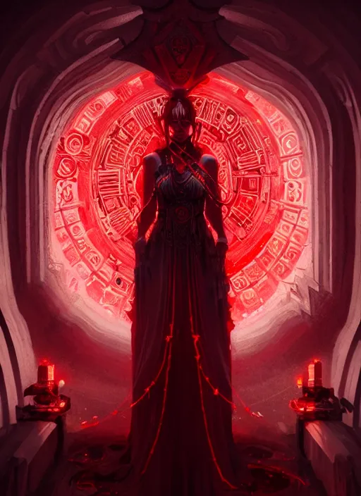 Image similar to portrait of the goddess of blood, bloody glowing runes, evil architecture, portal made of blood, intricate, elegant, glowing lights, highly detailed, digital painting, artstation, concept art, smooth, sharp focus, illustration, art by wlop, mars ravelo and greg rutkowski