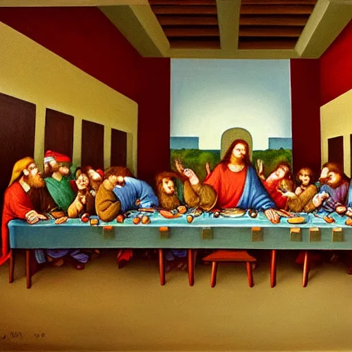 Prompt: The last supper painting but the people are replaced with foxes who wear santa hats and they are eating cheese