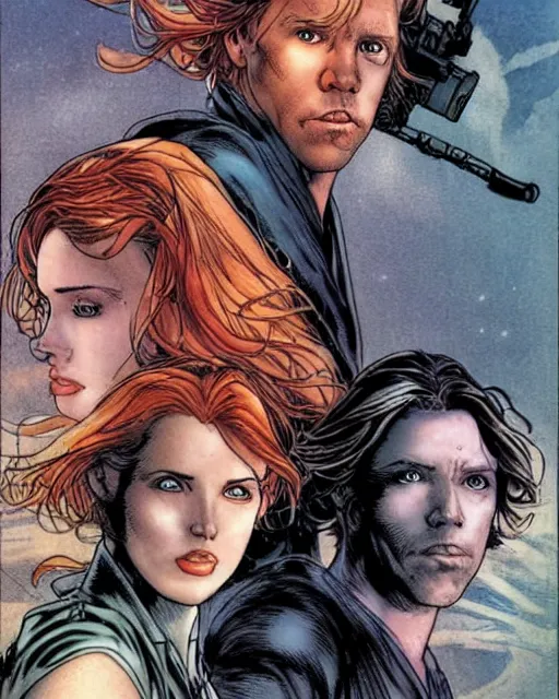 Image similar to mara jade and luke skywalker, cover art by jim lee