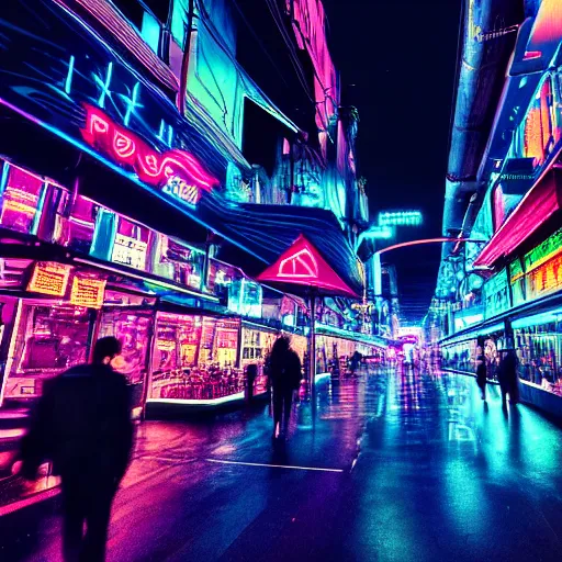 Prompt: a busy street at night. neon lights, futuristic, hyperrealistic, highly detailed, cyperpunk
