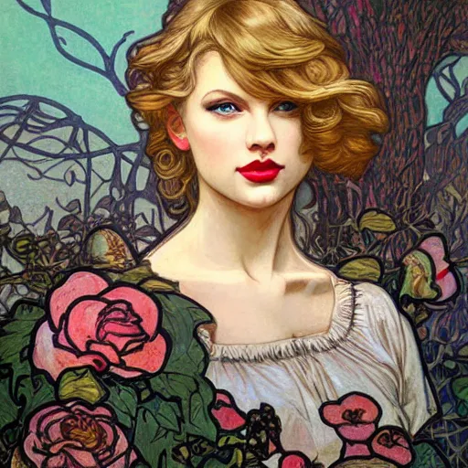 Image similar to romantic painted portrait of taylor swift by james jean, mucha, masterpiece