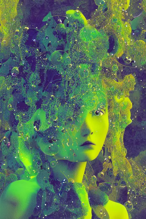 Image similar to transcending yesterday's self, vine headdress, moss patches, 2 0 mm, with pastel yellow and green bubbles bursting, voronoi, melting into lilligant, delicate, beautiful, intricate, houdini sidefx, by jeremy mann and ilya kuvshinov, jamie hewlett and ayami kojima, bold 3 d