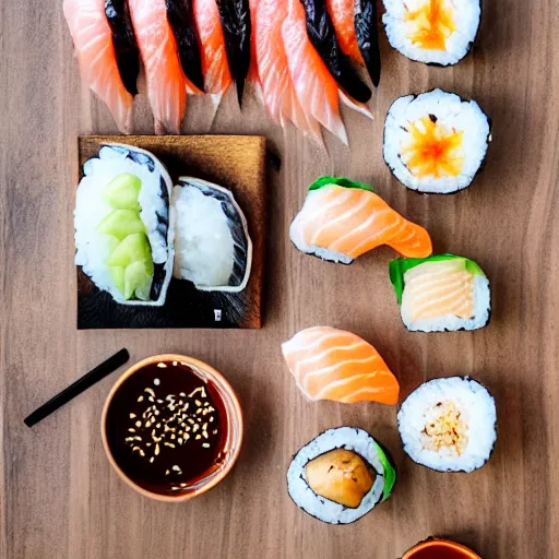 Prompt: various nigiri on a wooden board, sushi galore, food photography