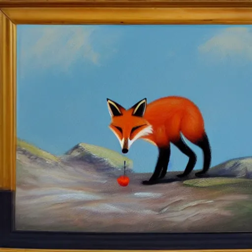 Prompt: an award winning painting of a fox eating cheese on a mountain