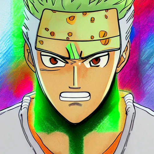 Image similar to colourful pencil sketch of zoro from one piece using mops, beautiful, masterpiece, digital art, detailed, trending on artstation