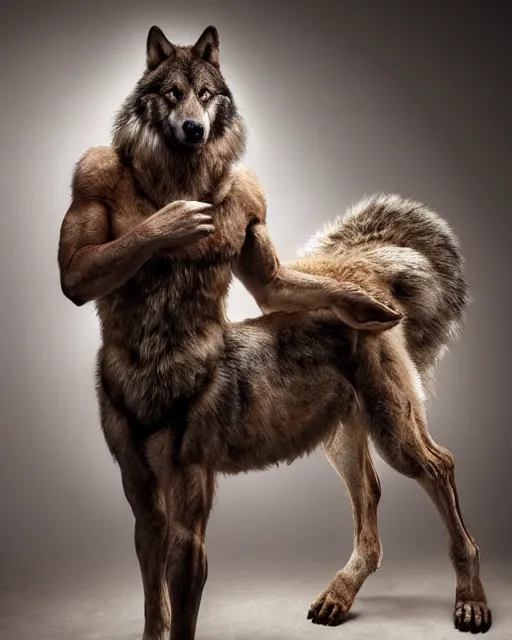 Image similar to a man wolf centaur, has the head of a timber wolf, torso of a man, and body of a wolf, standing on four legs, covered in fur, highly realistic, Rick Baker style, photoreal, studio lighting